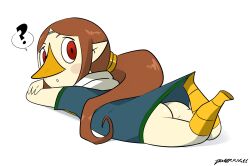 1girl ? ass beak blue_shirt blush boots brown_hair clothes_lift crossed_arms dangerking11 dress dress_lift from_behind headband loli long_hair looking_at_viewer looking_back lying medli nintendo no_humans orange_boots parted_lips pointy_ears ponytail red_eyes rito shirt short_sleeves speech_bubble spoken_question_mark teeth the_legend_of_zelda the_legend_of_zelda:_the_wind_waker white_background