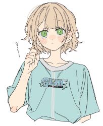 Rule 34 | 1girl, alternate hair length, alternate hairstyle, aqua shirt, blonde hair, blunt bangs, blush, closed mouth, collarbone, dayama, green eyes, highres, kaburaki roco, looking at viewer, nijisanji, shirt, short hair, short sleeves, simple background, solo, sweatdrop, translation request, twirling hair, upper body, virtual youtuber, white background
