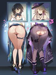 ! !! 2girls anus ass baobao771100 black_hair black_hat black_shoes boots brown_hair brown_pantyhose commentary_request dress faceless faceless_female hat herta_(honkai:_star_rail) highres honkai:_star_rail honkai_(series) multiple_girls pantyhose purple_boots purple_dress pussy ruan_mei_(honkai:_star_rail) shoes spoken_exclamation_mark the_herta_(honkai:_star_rail) thigh_strap through_wall torn_clothes torn_pantyhose uncensored witch_hat