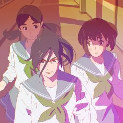 3girls 55bata6rou black_hair blue_sailor_collar blue_skirt brown_hair closed_mouth cowboy_shot glasses green_neckerchief hallway hibike!_euphonium highres indoors kitauji_high_school_uniform long_hair long_sleeves looking_at_another multiple_girls nakaseko_kaori neckerchief ogasawara_haruka parted_lips red-framed_eyewear road sailor_collar school_uniform semi-rimless_eyewear shirt short_hair skirt smile standing summer_uniform tanaka_asuka twintails walking white_shirt