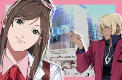 1boy 1girl ace_attorney amikoiiko apollo_justice:_ace_attorney arm_up black_shirt blonde_hair blue_sky border breast_pocket brown_hair brown_strap chain chain_necklace closed_eyes closed_mouth collared_shirt commentary crowd dark-skinned_male dark_skin day drill_hair earrings ema_skye eyewear_on_head fingernails green_eyes half_updo head_tilt highres initial inset_border jacket jewelry klavier_gavin lab_coat lapels light_smile long_hair long_sleeves looking_at_viewer middle_ring mismatched_eyebrows neckerchief necklace notched_lapels outdoors photo_background pink-tinted_eyewear pink_border pink_shirt pocket popped_collar profile purple_jacket real_world_location red_neckerchief shibuya_(tokyo) shirt short_hair shoulder_strap sign single_earring sky sternocleidomastoid_muscle sunglasses symbol-only_commentary tinted_eyewear tokyo_(city) upper_body