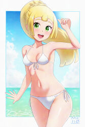 1girl absurdres bikini blonde_hair blue_sky border breasts commentary_request cowboy_shot green_eyes highres lillie_(pokemon) long_hair maho_(corotonton5150) navel nintendo ocean open_mouth outdoors pokemon pokemon_sm ponytail_with_braided_base side-tie_bikini_bottom sky small_breasts smile solo stomach swimsuit teeth thighs upper_teeth_only white_bikini white_border