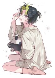 1boy adjusting_eyewear black_hair glasses green_hair highres holding inami_rai kyuhachi long_sleeves looking_at_viewer male_focus multicolored_hair nijisanji no_shoes pajamas ponytail purple_eyes round_eyewear shirt short_hair short_ponytail short_shorts shorts simple_background sitting smile socks solo striped_clothes striped_pajamas two-tone_hair virtual_youtuber wariza white_background