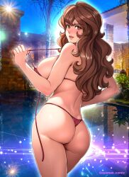 1girl areola_slip artist_name ass bare_arms bare_shoulders bikini blush breasts brown_eyes brown_hair commentary_request from_behind highleg highleg_bikini highres large_breasts lips long_hair looking_at_viewer looking_back lupin_iii makeup mine_fujiko nipple_slip nipples oyaman parted_lips photo_background pulling_own_clothes red_bikini shiny_skin sideboob smile solo swimsuit teasing thighs thong_bikini