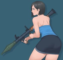 1girl ass black_skirt blue_background blue_eyes blue_tube_top breasts brown_hair from_side highres jill_valentine miniskirt resident_evil resident_evil_3:_nemesis rocket_launcher rpg rpg-7 rpg_(weapon) shigenobu short_hair simple_background skirt strapless tube_top weapon
