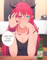 absurdres aqua_eyes arms_up bare_arms bare_shoulders bed beer_bottle black_camisole black_halo bloom_(irys) blurry blurry_background blurry_edges blush breasts camisole cheseu cleavage collarbone commentary covered_erect_nipples elbow_rest elbows_on_table english_commentary english_text furrowed_brow gloom_(irys) hair_over_shoulder halo heterochromia highres hololive hololive_english horns indoors irys_(hololive) long_hair long_sidelocks looking_at_viewer medium_breasts penetration_gesture pink_eyes pink_nails pink_scrunchie pointy_ears red_hair scrunchie sidelocks sleeveless spaghetti_strap speech_bubble star_halo strap_slip table virtual_youtuber wrist_cuffs wrist_scrunchie