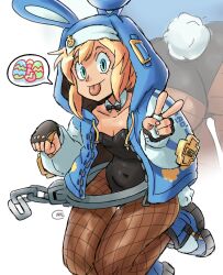 1girl androgynous blonde_hair blue_eyes bridget_(guilty_gear) crae_(craeyone) easter female_focus fishnet_pantyhose fishnets genderswap genderswap_(mtf) guilty_gear guilty_gear_strive hood hoodie leotard pantyhose