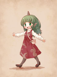 1girl arinu bag beige_background black_pantyhose black_shoes curly_hair dress fang female_focus full_body green_eyes green_hair handbag highres horns komano_aunn long_hair looking_at_viewer nail_polish pantyhose pointy_ears red_dress ribbed_sweater shoes single_horn solo sweater touhou turtleneck turtleneck_sweater walking white_sweater