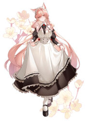 1girl acsuck animal_ears arknights breasts dress highres maid pink_hair pozyomka_(arknights) red_eyes solo