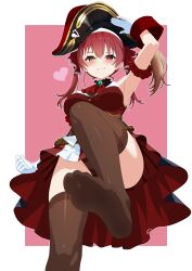 1girl :3 absurdres arm_up armpits arrow_through_heart artist_name ascot bicorne black_choker border breasts brown_hair brown_leotard choker closed_mouth commentary convenient_leg english_commentary feet foreshortening frilled_choker frills gloves hair_ribbon hat heterochromia highres hololive houshou_marine houshou_marine_(1st_costume) leotard leotard_under_clothes long_hair looking_at_viewer medium_breasts no_shoes paipai97 pink_background pirate_hat pleated_skirt red_ascot red_eyes red_hair red_ribbon red_skirt red_vest ribbon simple_background skindentation skirt soles solo standing standing_on_one_leg stepped_on thighs toes twintails vest virtual_youtuber white_border white_gloves yellow_eyes