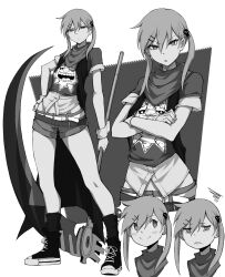 1girl :/ absurdres alternate_costume belt blush_stickers c: commentary converse crossed_arms full_body furrowed_brow gloves greyscale hair_ornament hairclip highres holding holding_scythe kekel looking_at_viewer maka_albarn monochrome multiple_expressions multiple_views parallel_hairclips parted_lips scarf scythe shoes shorts simple_background smile sneakers soul_eater striped_clothes striped_scarf twintails vertical-striped_clothes vertical-striped_scarf white_background