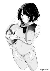 1girl artist_name bodysuit breasts closed_mouth commentary cropped_legs greyscale gundam gundam_gquuuuuux helmet holding holding_helmet large_breasts looking_at_viewer mitogawawataru monochrome shiiko_sugai short_hair simple_background solo twitter_username unworn_headwear unworn_helmet white_background