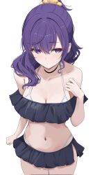 1girl asahina_mafuyu bikini bikini_skirt blush breasts cleavage closed_mouth commentary cowboy_shot frilled_bikini frills hair_ornament hair_over_shoulder hair_scrunchie high_ponytail highres kunizaki large_breasts layered_bikini long_hair looking_to_the_side multicolored_bikini off-shoulder_bikini off_shoulder ponytail project_sekai purple_eyes purple_hair scrunchie sidelocks simple_background solo standing swimsuit thigh_gap white_background