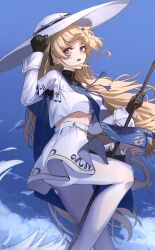 1girl absurdres black_bow black_collar black_gloves blonde_hair blue_sash blue_sky blush bow breasts collar commentary_request gloves hair_bow hair_ornament hand_up hat highres holding holding_staff kamishiro_noa long_hair long_sleeves looking_at_viewer medium_breasts open_mouth outdoors pantyhose partial_commentary phoebe_(wuthering_waves) purple_eyes sash shirt skirt sky solo staff very_long_hair white_hat white_pantyhose white_shirt white_skirt wind wuthering_waves x_hair_ornament