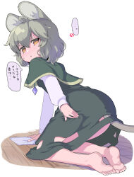 1girl anger_vein animal_ears barefoot blush capelet dress grey_capelet grey_dress grey_hair hair_between_eyes highres jewelry long_sleeves looking_at_viewer looking_back mouse_ears mouse_tail nazrin orange_eyes parted_lips pendant puuakachan cleaning_rag short_hair soles solo speech_bubble tail toes touhou translation_request