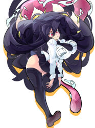 1girl absurdres black_hair black_thighhighs blush breasts extra_mouth filia_(skullgirls) highres large_breasts long_hair molu_(molu-molu) necktie prehensile_hair red_eyes samson_(skullgirls) school_uniform skirt skullgirls teeth thick_thighs thighhighs thighs