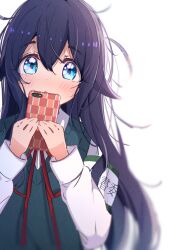 1girl absurdres armband black_hair blue_eyes blush cellphone commentary_request green_vest highres holding holding_phone kimi_no_koto_ga_dai_dai_dai_dai_daisuki_na_100-nin_no_kanojo long_hair looking_at_viewer messy_hair neck_ribbon oyaji_hime phone ribbon school_uniform shirt simple_background solo upper_body very_long_hair vest white_background white_shirt yoshimoto_shizuka