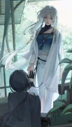 2girls absurdres black_gloves black_hair blue_eyes blue_shirt breasts chief_(path_to_nowhere) coat collarbone du_ruo_(path_to_nowhere) female_chief_(path_to_nowhere) forehead_jewel gloves gradient_clothes gradient_shirt hair_intakes half_gloves highres huanmu indoors jewelry leaf light_smile long_hair looking_at_another looking_down medium_breasts midriff_peek multiple_girls necklace open_clothes open_coat parted_bangs path_to_nowhere print_coat red_lips rope_belt shirt skirt solo_focus talisman tree very_long_hair white_coat white_hair white_skirt window_blinds