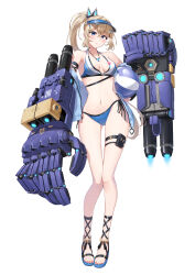 1girl absurdres ankle_lace-up arm_strap ball bare_legs bare_shoulders beachball bikini black_gloves blonde_hair blue_bikini blue_eyes blush breasts breasts_apart commentary criss-cross_straps curvy fingerless_gloves gauntlets gloves gluteal_fold hair_between_eyes hair_ornament hairclip halterneck high_ponytail highres holding holding_ball holding_beachball huge_weapon jewelry legs long_hair looking_at_viewer mechanical_arms medium_breasts morros multicolored_bikini navel necklace original ponytail pouch power_fist sandals side-tie_bikini_bottom sidelocks simple_background solo standing stomach swimsuit tekkou-chan_(morros) thigh_pouch thigh_strap thighs toes triangle_necklace two-tone_bikini very_long_hair visor_cap weapon white_background white_bikini wide_hips