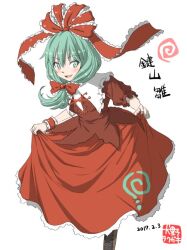 Rule 34 | 1girl, bow, clothes lift, dated, frilled bow, frilled ribbon, frills, green eyes, green hair, hair bow, hair ribbon, inuno rakugaki, kagiyama hina, looking at viewer, one-hour drawing challenge, open mouth, red bow, red ribbon, red shirt, red skirt, ribbon, shirt, skirt, skirt lift, solo, touhou, white background
