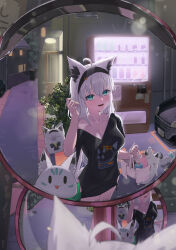Rule 34 | 1girl, :d, absurdres, ahoge, animal ear fluff, animal ears, bangom r, basket, black hairband, black shirt, breasts, cleavage, crossed bangs, fox ears, fox girl, fox tail, fubuzilla (shirakami fubuki), hair between eyes, hairband, hand up, highres, holding, holding basket, hololive, indoors, long hair, long shirt, looking at viewer, loungewear, low twintails, mirror, miteiru (shirakami fubuki), official alternate costume, open mouth, outdoors, reflection, reflection focus, road, shirakami fubuki, shirakami fubuki (loungewear), shirt, side-tie shirt, single off shoulder, smile, solo, street, sukonbu (shirakami fubuki), t-shirt, tail, traffic mirror, twintails, v-neck, vending machine, virtual youtuber, white hair