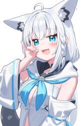 1girl :d absurdres animal_ear_fluff animal_ears blue_eyes braid breasts detached_sleeves fox_ears fox_girl fox_shadow_puppet fox_tail highres hololive medium_breasts open_mouth pentagram shirakami_fubuki shirakami_fubuki_(1st_costume) simple_background single_braid smile solo tail verdey virtual_youtuber white_background white_sleeves