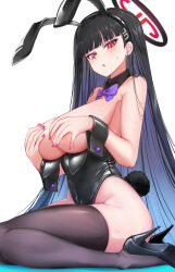 1girl animal_ears ankomochi142 bare_shoulders black_shoes black_thighhighs blue_archive blunt_bangs bow bowtie breasts cleavage commentary_request covering_breasts covering_privates detached_collar earrings fake_animal_ears hair_ornament hairclip halo highres jewelry large_breasts leotard long_hair looking_at_viewer pink_nails playboy_bunny purple_bow purple_bowtie rabbit_ears rabbit_tail red_eyes rio_(blue_archive) shoes sitting solo sweat tail thighhighs very_long_hair wariza