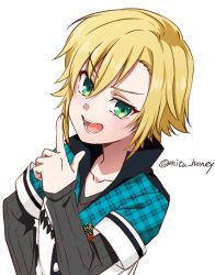 Rule 34 | 1boy, blonde hair, collarbone, eyelashes, fingernails, green eyes, hair between eyes, highres, hikari (mitsu honey), index finger raised, long sleeves, looking at viewer, male focus, nijisanji, open mouth, simple background, solo, upper body, uzuki kou, uzuki kou (1st costume), virtual youtuber, white background