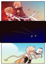 Rule 34 | 2boys, 2girls, aether (genshin impact), armor, black cape, black scarf, blonde hair, blue eyes, braid, braided ponytail, brown shirt, cape, contrast, cropped shirt, dainsleif (genshin impact), dress, genshin impact, halo, highres, long hair, lumine (genshin impact), momotomi000, multiple boys, multiple girls, open mouth, paimon (genshin impact), ponytail, romper, scarf, shirt, short hair, shoulder armor, single braid, white dress, white hair, white romper, white scarf, yellow eyes