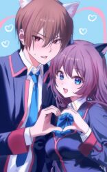 Rule 34 | 1boy, 1girl, :d, a-chan (little busters!), animal ears, black jacket, blue background, blue bow, blue bowtie, blue eyes, blue necktie, blush, bow, bowtie, brown hair, cat boy, cat ears, cat girl, collared shirt, commentary request, couple, eyelashes, eyes visible through hair, frown, hair between eyes, hand up, happy, heart, heart hands, heart hands duo, hetero, highres, jacket, kemonomimi mode, little busters!, little busters! school uniform, long hair, long sleeves, looking at viewer, miiizuno lbs, natsume kyousuke, necktie, open clothes, open jacket, open mouth, red eyes, school uniform, shirt, short hair, simple background, smile, sweatdrop, tsurime, upper body, v-shaped eyebrows, white shirt