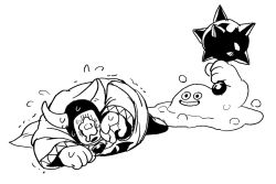 Rule 34 | 1other, :d, bubble slime, cape, crying, dragon quest, dragon quest monsters 3, flying sweatdrops, hdw91v, holding, holding mace, holding weapon, horns, lying, mace, mask, monochrome, monster, on stomach, open mouth, robe, scared, sketch, smile, spiked mace, spikes, sweatdrop, threat, trembling, weapon, wrecktor