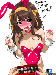 1boy 1girl absurdres animal_ears bare_shoulders blush box box_of_chocolates breasts brown_eyes brown_hair cleavage collar collarbone covered_navel embarrassed english_text full-face_blush furrowed_brow giving gradient_eyes hairband hands_up hetero highleg highleg_leotard highres kyon leotard long_hair looking_at_viewer medium_breasts multicolored_eyes pink_collar pink_leotard pink_nails playboy_bunny pov pov_hands rabbit_ears simple_background suzumiya_haruhi suzumiya_haruhi_no_yuuutsu t-works twitter_logo twitter_username valentine very_long_hair white_background wrist_cuffs yellow_eyes yellow_hairband