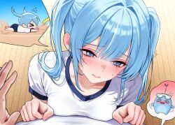 1girl 1other 3: arahashi_tabi blue_eyes blue_hair blush breasts chano39 chibi closed_mouth crying crying_with_eyes_open from_above highres leaning_on_person long_hair looking_to_the_side medium_breasts pov pungdangi_(arahashi_tabi) shirt short_sleeves sidelocks solo_focus stellive tears twintails white_shirt wooden_floor