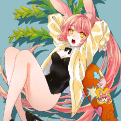 1girl animal_ears bare_legs black_leotard bow bowtie carrot detached_collar food_bite fork hair_between_eyes heart_sticker high_heels holding holding_fork jacket leaf leotard long_hair mmo_07 open_mouth original oversized_food oversized_object pink_hair playboy_bunny ponytail rabbit_ears simple_background solo sticker strapless strapless_leotard yellow_eyes yellow_jacket