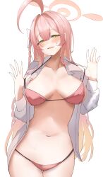 1girl absurdres ahoge bikini blue_archive bow breasts cowboy_shot halo hanako_(blue_archive) hanako_(swimsuit)_(blue_archive) highres huge_ahoge large_breasts long_hair looking_at_viewer official_alternate_costume oversized_clothes oversized_shirt pink_bikini pink_hair pink_halo shirt smile solo strap_lift swimsuit taruto_(taruto0918) white_background white_bow white_shirt