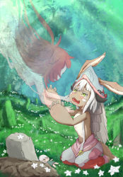 1girl 1other 2girls absurdres babai_hu barefoot blush breasts chinese_commentary collarbone commentary_request convenient_censoring crying crying_with_eyes_open day doll ears_through_headwear eye_contact flower furry ghost grass grave green_eyes grey_hat hair_between_eyes hands_up hat highres long_hair looking_at_another made_in_abyss mitty_(human)_(made_in_abyss) mitty_(made_in_abyss) multicolored_pants multiple_girls nanachi_(made_in_abyss) navel nude on_grass open_mouth outdoors pants red_hair seiza sitting small_breasts spoilers tail tears topfreedom topless transparent wavy_mouth white_flower white_hair