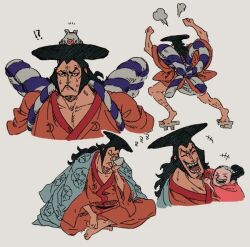 2boys black_hair blue_cape cape confused eyeliner father_and_son food happy hyena_fanta japanese_clothes kimono kouzuki_momonosuke kouzuki_oden leg_hair legs long_hair looking_up makeup male_focus multiple_boys oden one_piece open_mouth orange_shirt pet pig piglet red_eyeliner samurai shirt sideburns sleeping smile snoring sweat teeth