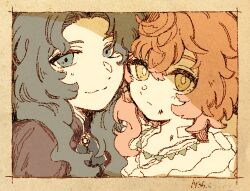 Rule 34 | 2girls, :3, absurdres, bandaged neck, bandages, black hair, blue eyes, border, brown border, brown jacket, dirty, dirty face, face-to-face, green eyes, highres, jacket, jiki (jiki 9), long hair, looking at viewer, lopera (reverse:1999), messy hair, moldir (reverse:1999), multiple girls, orange hair, parted bangs, reverse:1999, smile