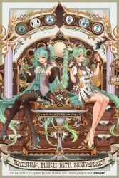 2girls :d aqua_eyes aqua_hair artist_name bad_source bare_shoulders black_thighhighs boots braid character_name copyright_name detached_sleeves dress full_body green_eyes green_hair hair_between_eyes hair_ornament hatsune_miku high_heel_boots high_heels highres holding holding_phone long_bangs long_hair multiple_girls necktie official_art open_mouth phone pleated_skirt shirt sidelocks sitting skirt sleeveless smile teeth thighhighs twin_braids twintails upper_teeth_only very_long_hair vocaloid watermark zettai_ryouiki