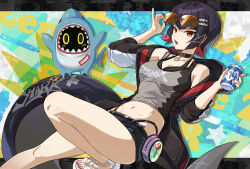 Rule 34 | 1girl, 1other, black hair, black jacket, breasts, can, cleavage, collarbone, drink can, ellen joe, eyewear on head, fins, fish tail, foot out of frame, grey shirt, hair ornament, highres, holding, holding can, jacket, kanmiya shinobu, looking at viewer, medium breasts, midriff, nail polish, navel, open clothes, open jacket, orange eyes, red hair, red nails, sandals, shark girl, shark tail, sharkboo (zenless zone zero), shirt, short hair, soda can, stomach, tail, toenail polish, toenails, white sandals, x hair ornament, zenless zone zero