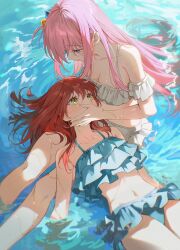 2girls absurdres bikini blue_bikini blue_eyes bocchi_the_rock! breasts cleavage collarbone commentary cube_hair_ornament frilled_bikini frills gotoh_hitori hair_between_eyes hair_ornament highres kita_ikuyo lap_pillow long_hair multiple_girls one_side_up pink_hair pong_(pong_o0) sidelocks swimsuit water white_bikini yellow_eyes