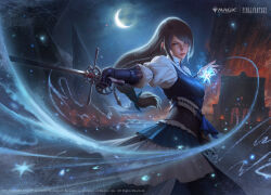 1girl absurdres arif_wijaya blue_vest commentary copyright_name copyright_notice crescent_moon cryokinesis english_commentary fighting_stance final_fantasy final_fantasy_xvi frost gloves grey_hair highres holding holding_sword holding_weapon ice_shard jill_warrick leather_vest long_hair looking_at_viewer low-tied_long_hair magic:_the_gathering moon night official_art pointing_melee_weapon pointing_sword rapier serious single_glove solo sword vest weapon