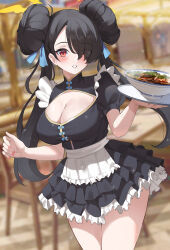 1girl absurdres alternate_costume alternate_hairstyle black_dress black_hair blue_archive blue_ribbon blush breasts cleavage commission double_bun dress food frilled_dress frills hair_bun hair_ribbon highres hinata_(blue_archive) holding holding_tray kurochomo looking_at_viewer maid parted_lips pixiv_commission red_eyes ribbon short_sleeves solo tray twintails