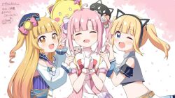 3girls :d ;d ahoge animal_ear_headphones animal_ears ars_project bare_shoulders blonde_hair blue_eyes blue_hat blunt_bangs blush cat_ear_headphones commentary_request commission crop_top cropped_shirt dated dot_nose dress fake_animal_ears gloves grey_shirt hair_ribbon haru_(konomi_150) hat headphones hoshimiya_urana indie_virtual_youtuber long_hair long_sleeves looking_at_viewer luchina_(vtuber) momone_yunori multiple_girls one_eye_closed open_mouth own_hands_together pink_dress pink_hair ribbon shirt short_hair short_sleeves sidelocks signature skeb_commission sleeveless sleeveless_shirt smile twintails upper_body v virtual_youtuber white_background white_gloves white_shirt yellow_eyes