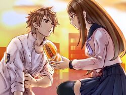 1boy 1girl black_skirt black_thighhighs brown_hair building city food gakuran giving_food glasses grey_serafuku hand_on_own_stomach hijiyama_takatoshi holding hungry igusaharu jacket juusan_kihei_bouei_ken long_hair long_sleeves neckerchief orange_background outdoors pleated_skirt purple_neckerchief rimless_eyewear sailor_collar scenery school_uniform serafuku skirt straight_hair thighhighs white_gakuran white_jacket white_undershirt yakisobapan yakushiji_megumi