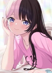 Rule 34 | 1girl, black nails, blue scrunchie, blush, breasts, brown hair, closed mouth, commentary, fingernails, hetj5235, highres, jewelry, long hair, looking at viewer, multicolored hair, nail polish, necklace, pink hair, pink shirt, purple eyes, purple nails, scrunchie, shirt, short sleeves, smile, solo, split-color hair, tachibana hinano, tachibana hinano (5th costume), two-tone hair, virtual youtuber, vspo!, wrist scrunchie