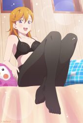 1girl absurdres bed ddeshiro feet hand_on_own_thigh highres hose indoors lingerie looking_at_viewer love_live! love_live!_superstar!! open_mouth orange_hair pantyhose pillow purple_eyes shibuya_kanon solo stuffed_toy twitter_username underwear window