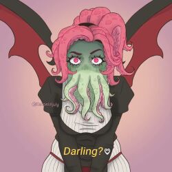 Rule 34 | 1girl, angry, breasts, cthulhu mythos, dress, english text, ln&#039;eta, long hair, looking at viewer, monster girl, moonlitjuly, mouth with tentacles, pink eyes, pink hair, shaded face, solo, sucker for love, sucker for love: first date, yandere
