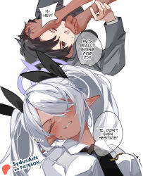 1boy 1girl artist_name barefoot black_hair blue_archive blush clenched_teeth commentary dark-skinned_female dark_skin english_commentary english_text feet foot_worship formal_clothes grey_hair grey_suit hair_over_one_eye halo holding_another&#039;s_foot iori_(blue_archive) long_hair long_sleeves parted_lips patreon_logo patreon_username pointy_ears sensei_(blue_archive) sensei_(blue_archive_the_animation) shirt soles speech_bubble suit sydus teeth toes twintails upper_body v-shaped_eyebrows very_long_hair white_background white_shirt