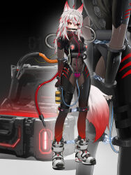 1girl absurdres ahoge animal_ear_fluff animal_ears ankle_cuffs arms_behind_back ball_gag bodysuit breasts brown_eyes covered_navel cuffs drooling elegia gag gagged grey_hair handcuffs highres lactation large_breasts long_hair multicolored_hair nipple_cutout nipples original red_hair restrained sex_machine shoes skin_tight skindentation sneakers solo standing stationary_restraints streaked_hair